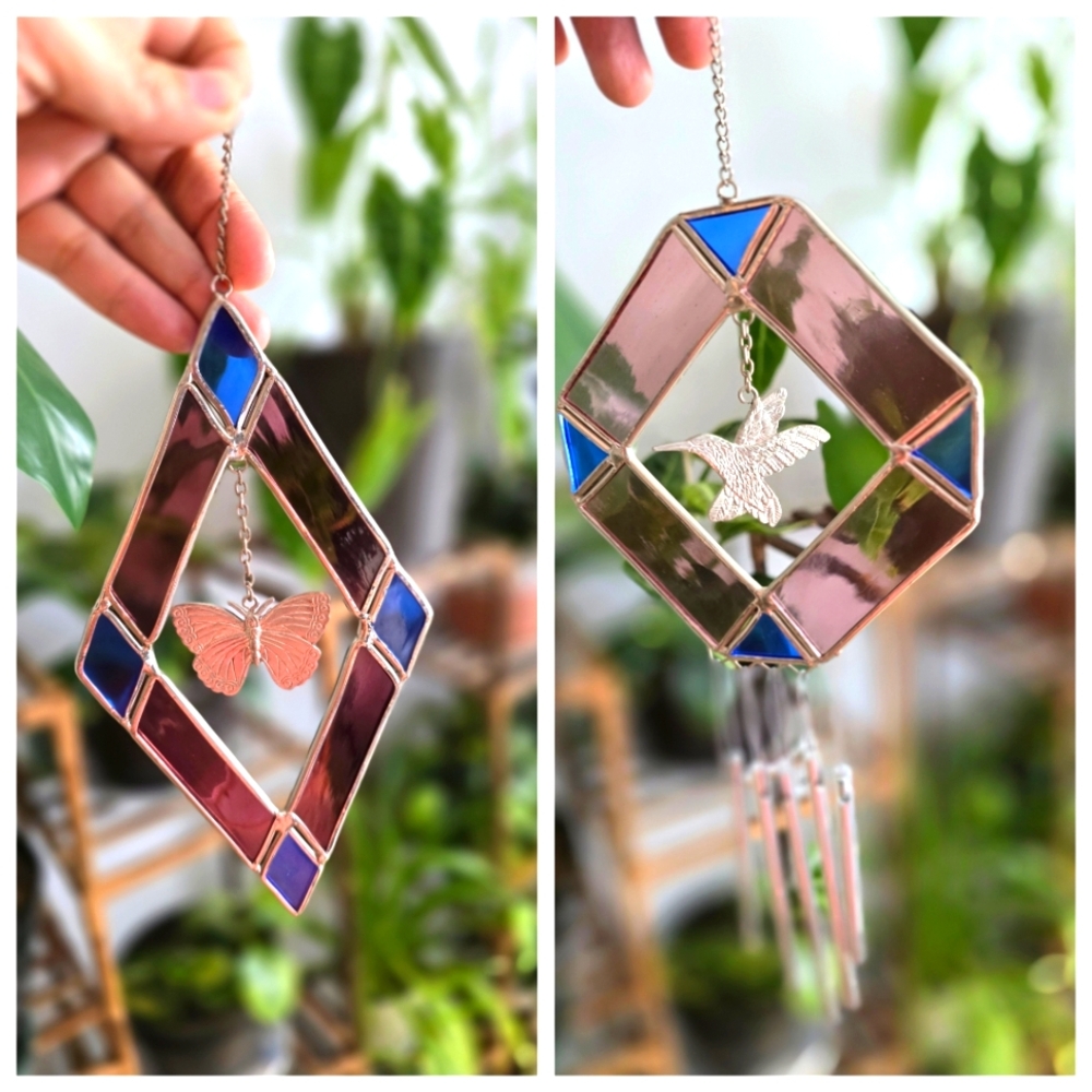 Set Of 2 Geometric Stained Glass Humming Bird & Butterfly Suncatcher Windchime‎